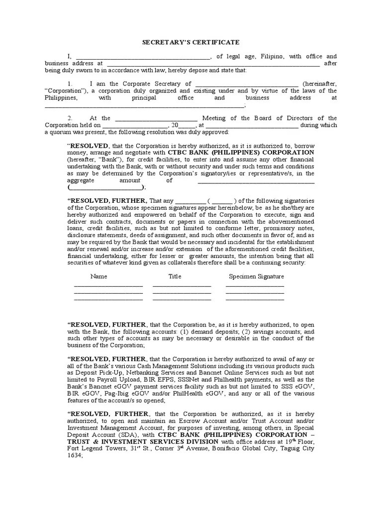 CTBC Secretary's Certificate Template PDF Banks Online Banking