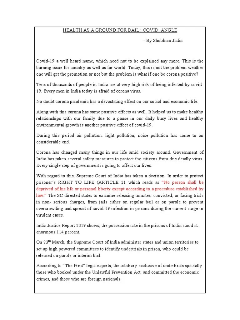 Health As A Ground For Bail PDF Bail Prison
