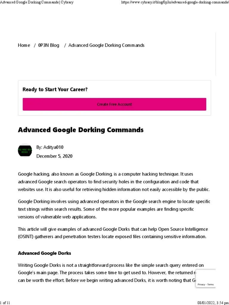 Advanced Google Dorking Commands Cybrary PDF Computer Security Security