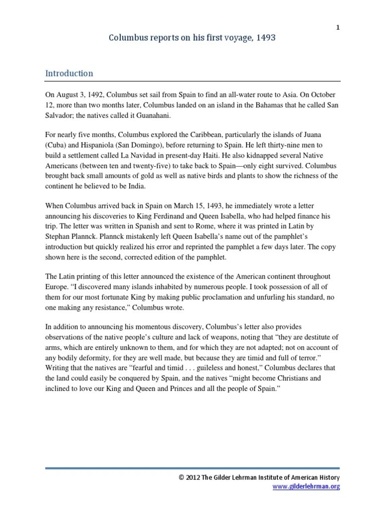 Columbus Letter To Ferdinand and Isabella, 1493 PDF Christopher