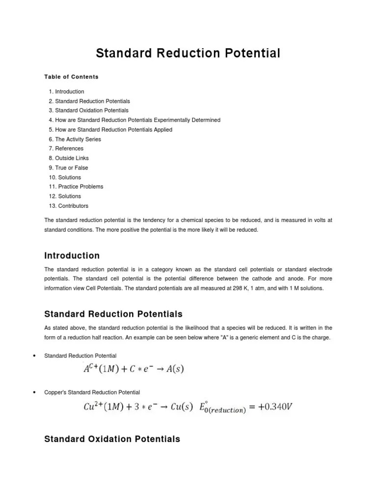Standard Reduction Potential PDF Redox Chemistry