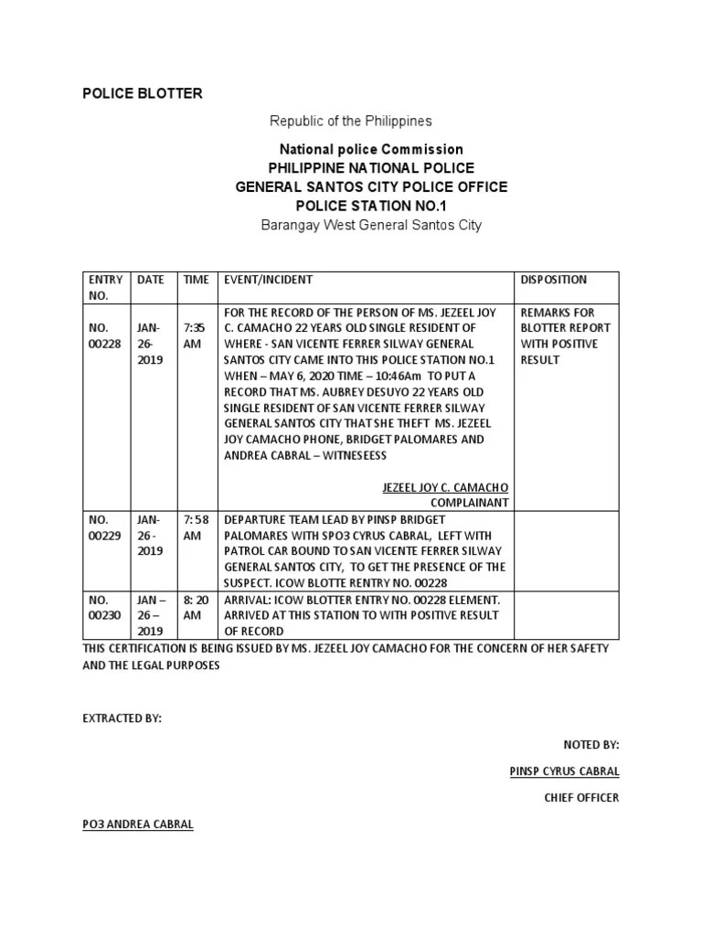 Police Blotter Republic of The Philippines PDF