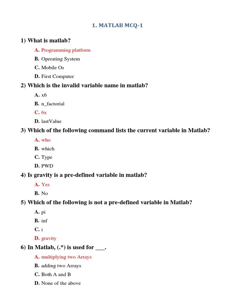 Matlab MCQ PDF Matlab Array Data Structure