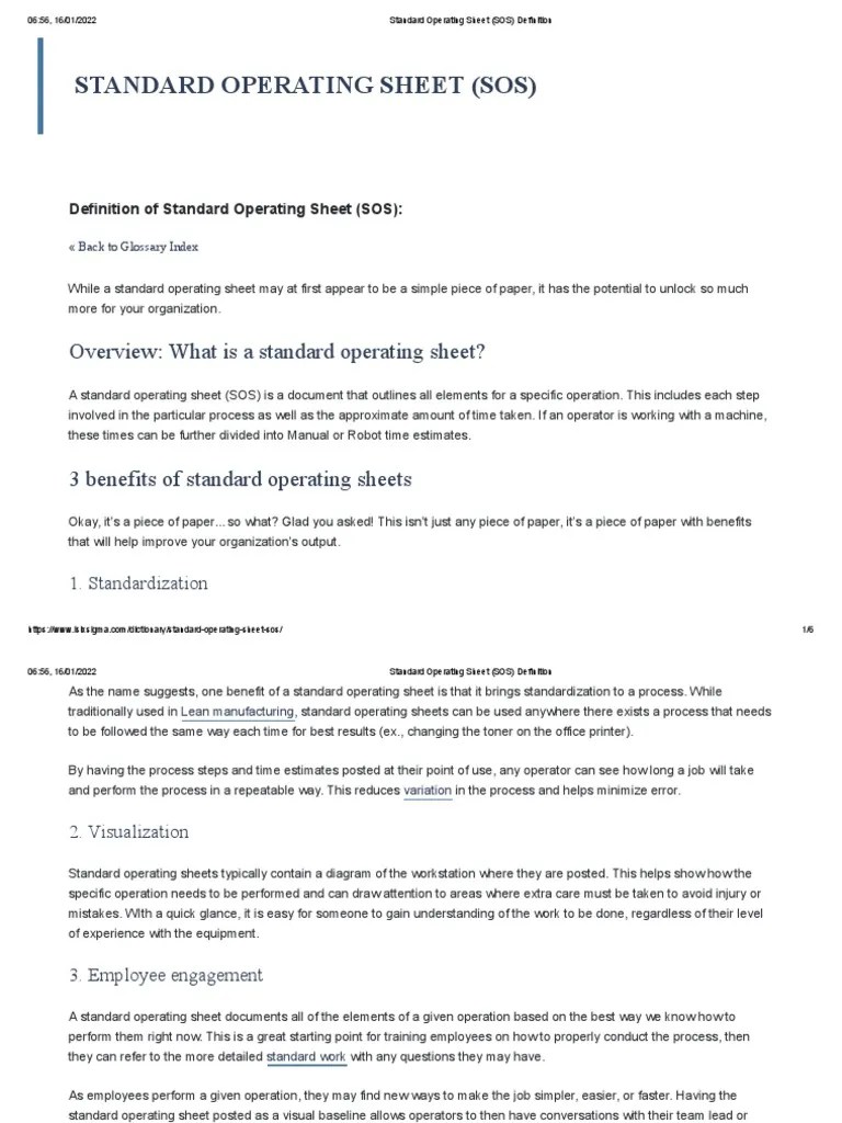 Standard Operating Sheet (SOS) Definition PDF Cognition