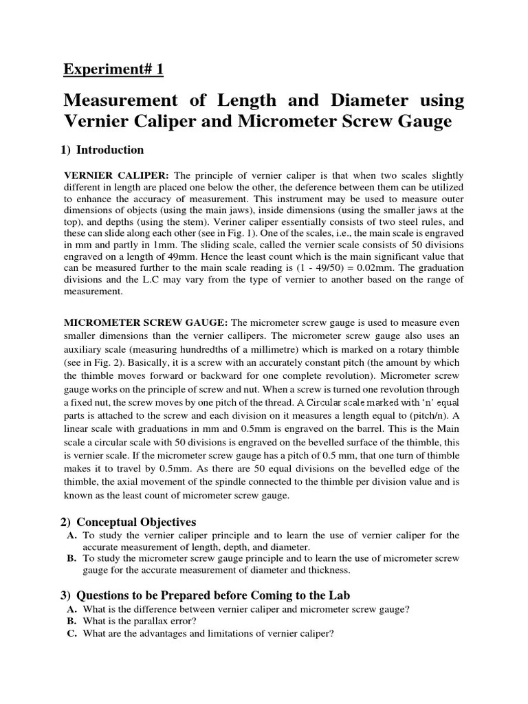 Experiment 1 Measurement of Length and Diamter Using Vernier Caliper