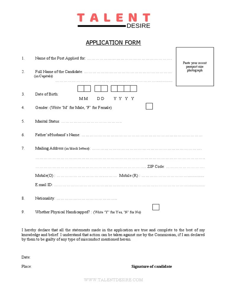 Offline Application Form For Work at Home PDF