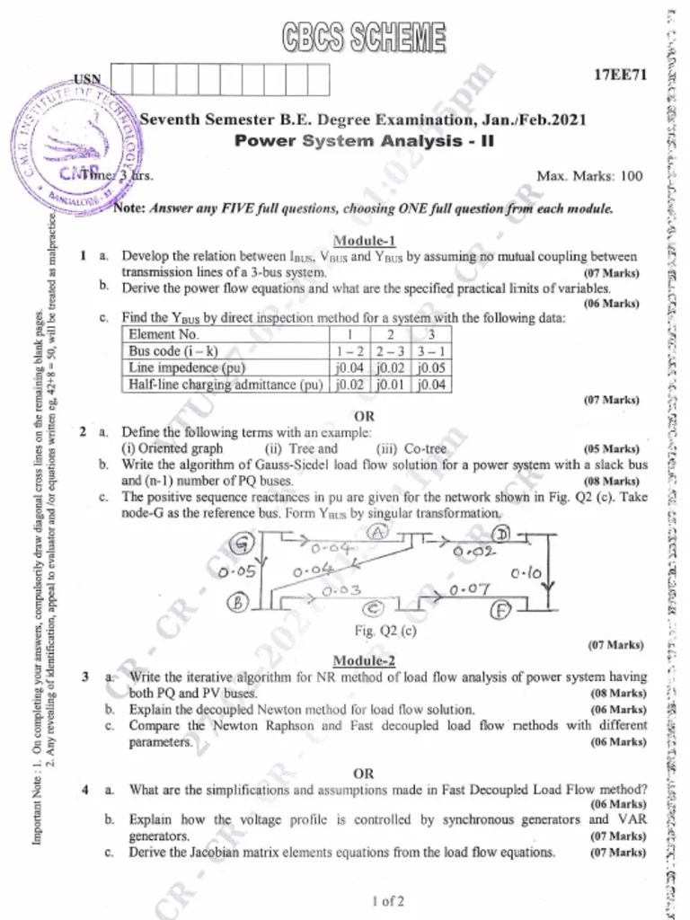 VTU Question Paper of 17EE71 Power System AnalysisII Jan2021 PDF