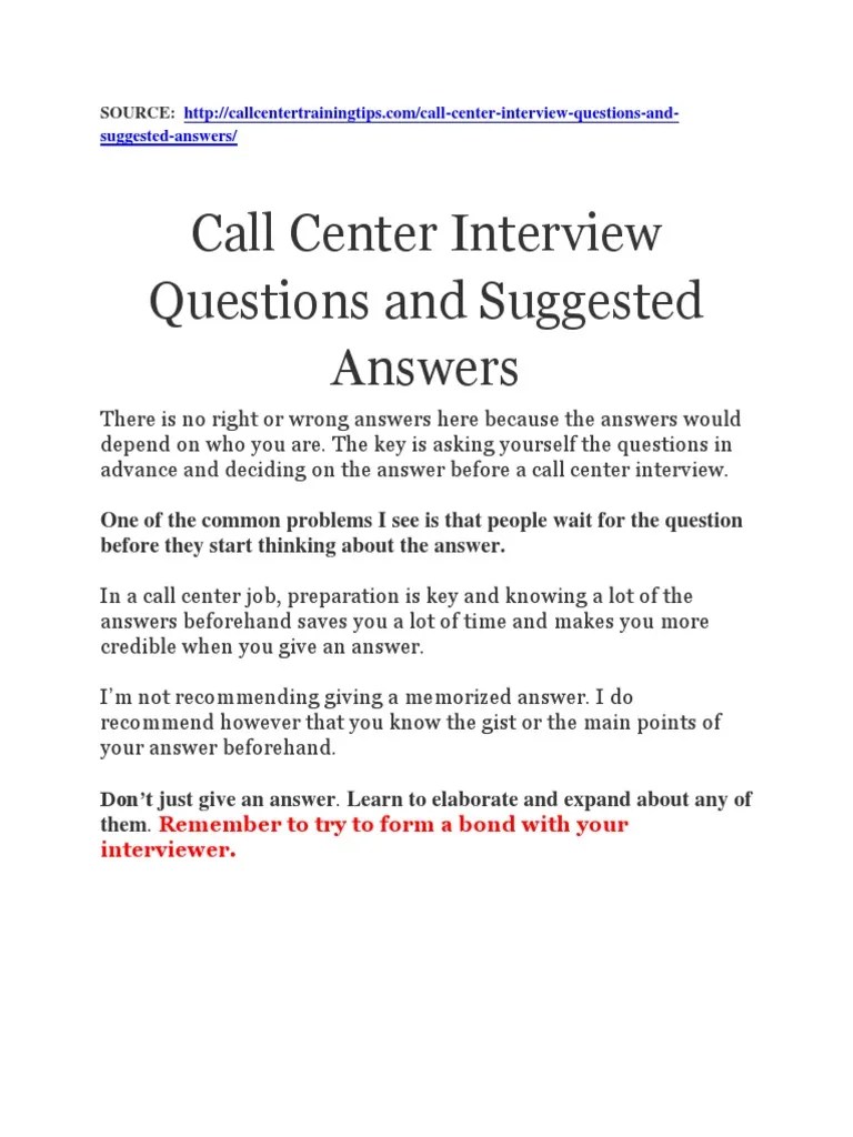 Call Center Interview Questions and Suggested Answers PDF