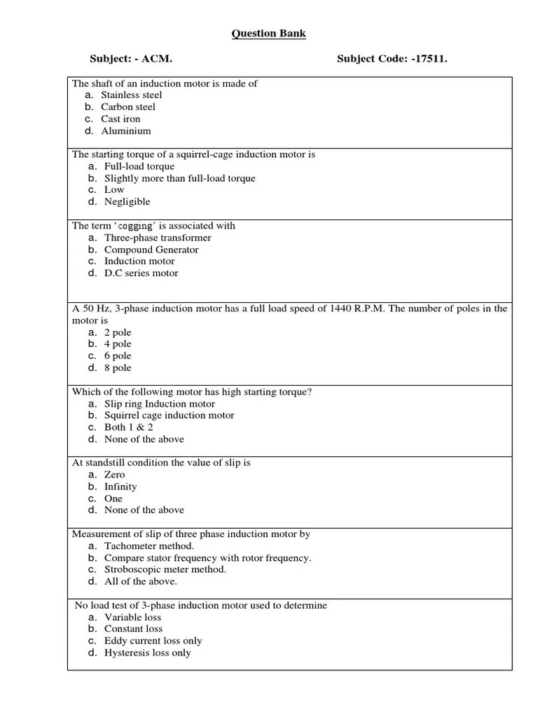 Understanding Induction Motors A Comprehensive Question Bank on Motor
