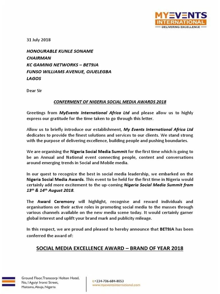 Bet9ja Award Letter PDF PDF Entrepreneurship Social Media