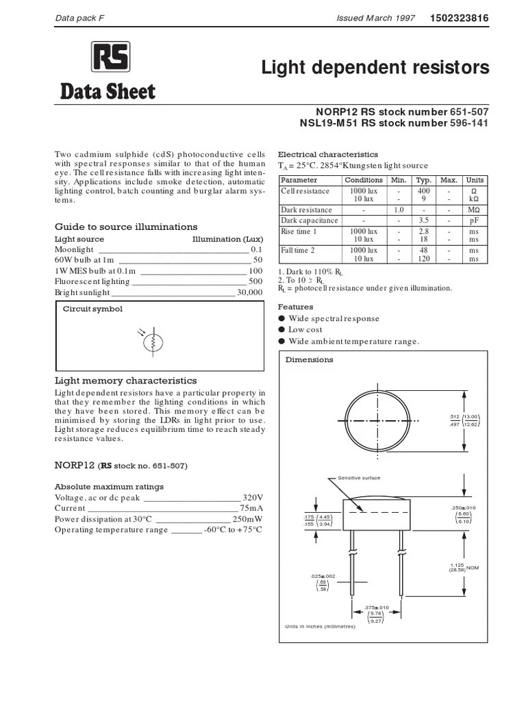 Data Sheet Light Dependent Resistors PDF Electrical Resistance And