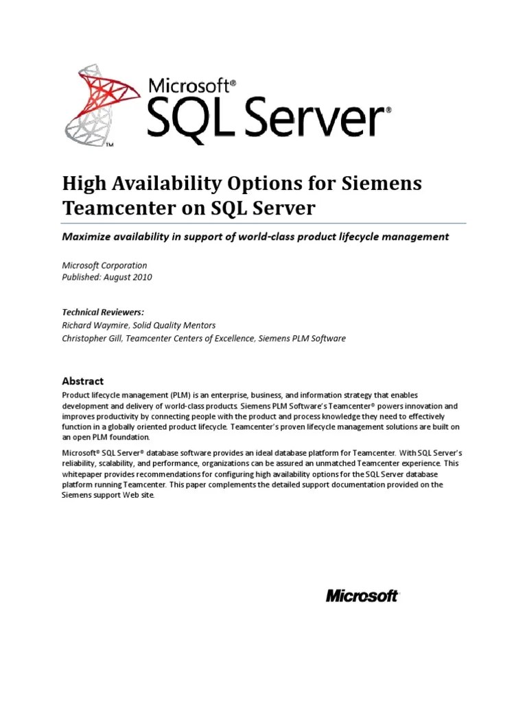 High Availability Options For Team Center With SQL Server PDF