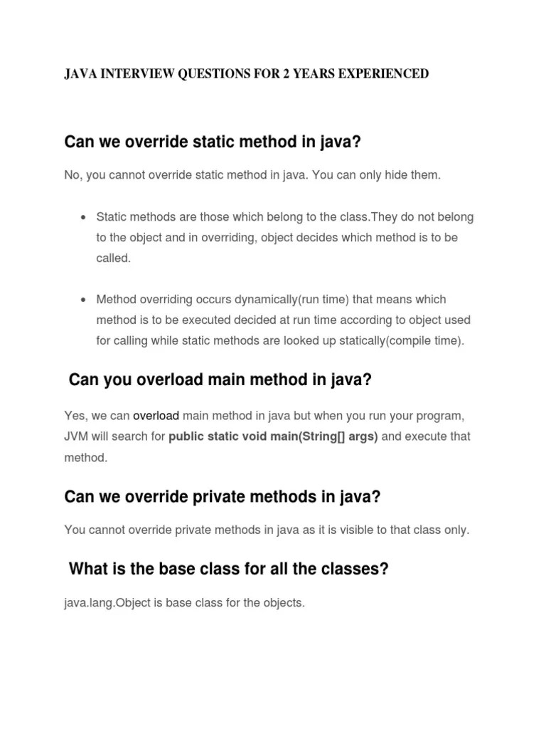 Java Interview Questions For 2 Years Experienced PDF Method