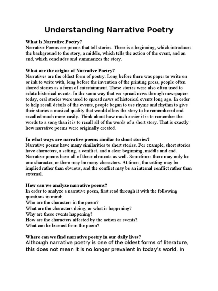 Lesson in Narrative Poetry Narration Narrative