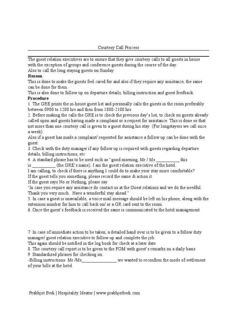 Courtesy Call Process PDF Hotel And Business