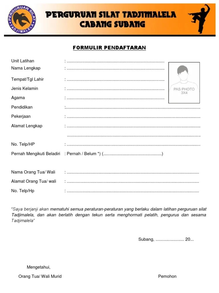 Formulir Pendaftaran Pencak Silat Tadjimalela Subang