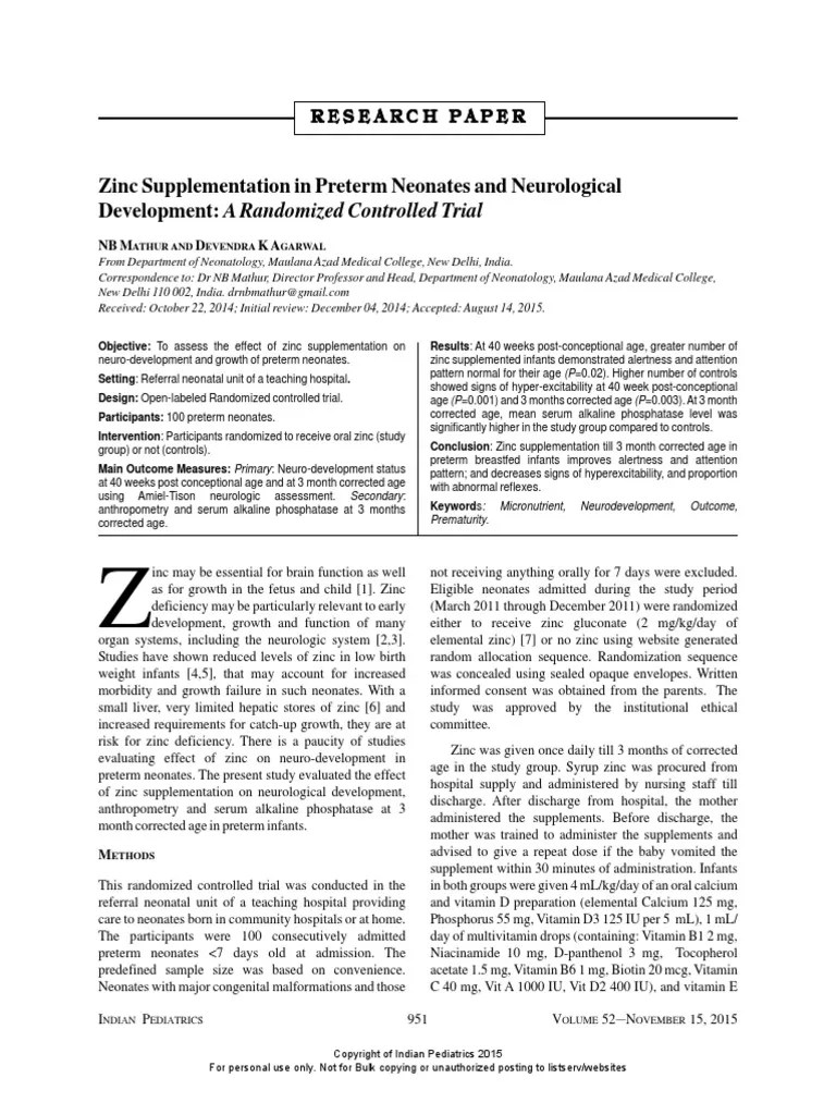 Zinc Supplementation in Preterm Neonates and Neurological Development