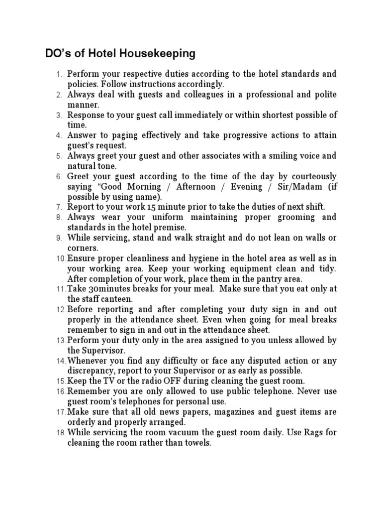 Essential Guidelines for Hotel Housekeeping Staff A Comprehensive List