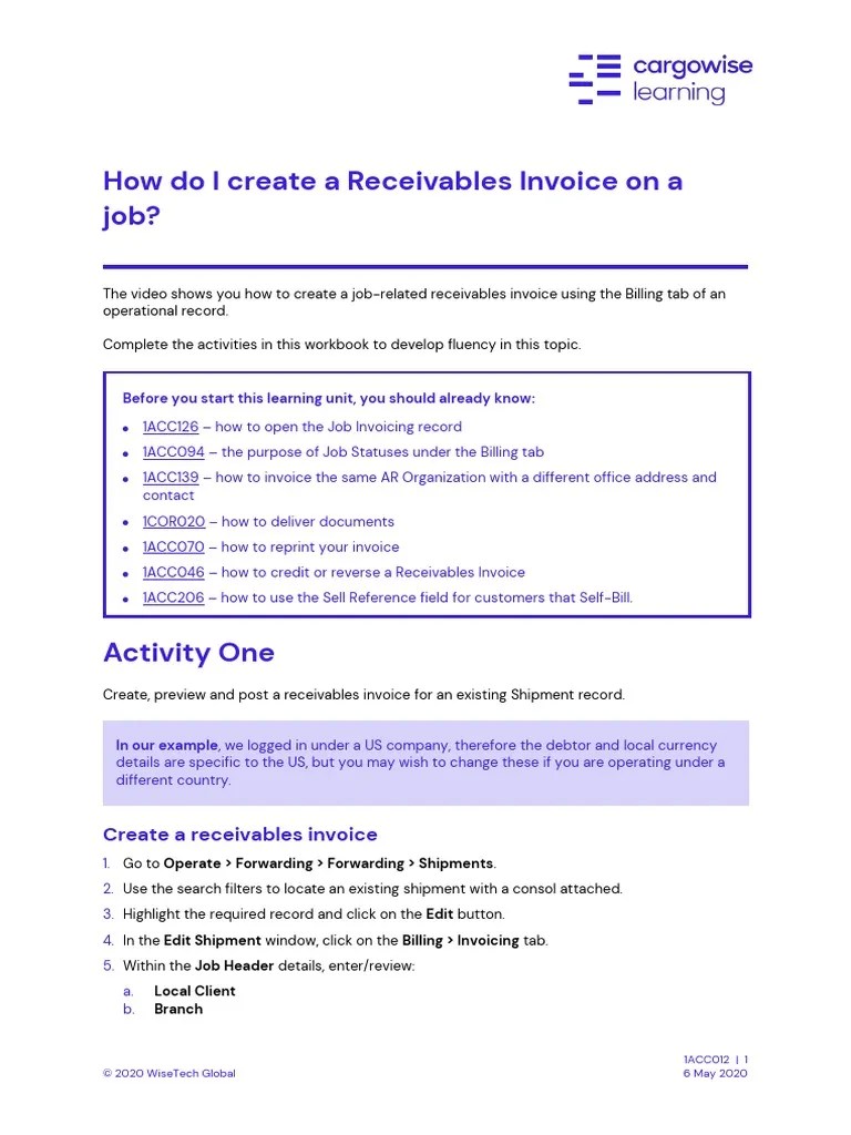 1ACC012 Cargowise Learning Manual Receivables Invoice PDF Invoice Button