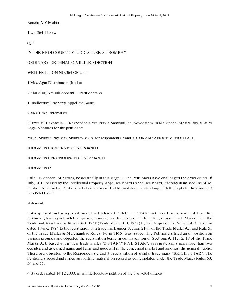 M S. Agar Distributors (I(Ndia vs Intellectural Property on 29