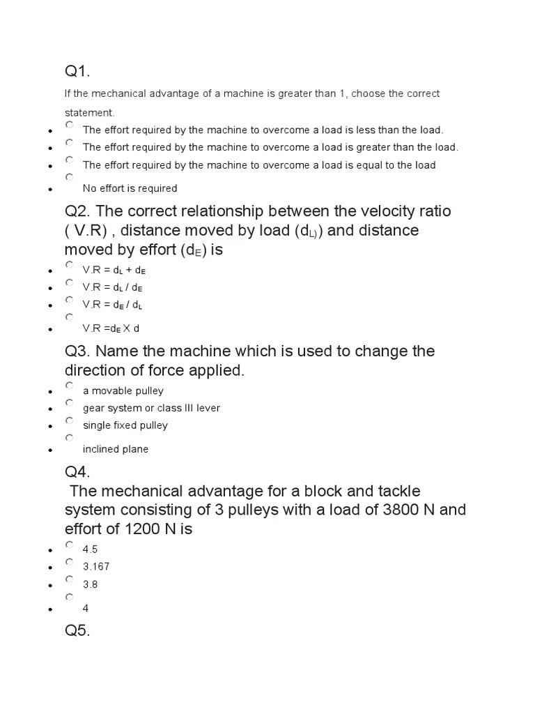 If The Mechanical Advantage of A Machine Is Greater Than 1, Choose The