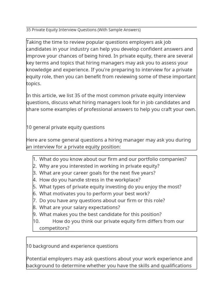 35 Private Equity Interview Questions (With Sample Answers) PDF