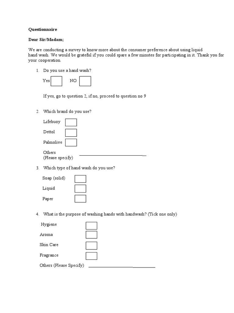 Marketing Questionnaire PDF Hand Washing Soap