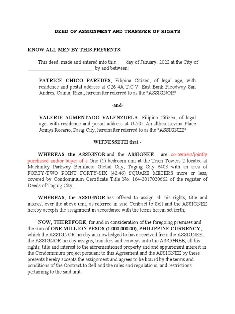 Deed of Assignment and Transfer of Rights PDF Assignment (Law