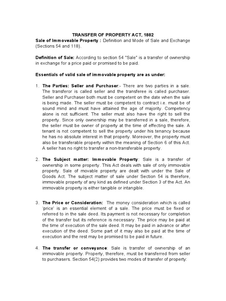 Transfer of Property Act, 1882 Sale of Immoveable Property Definition
