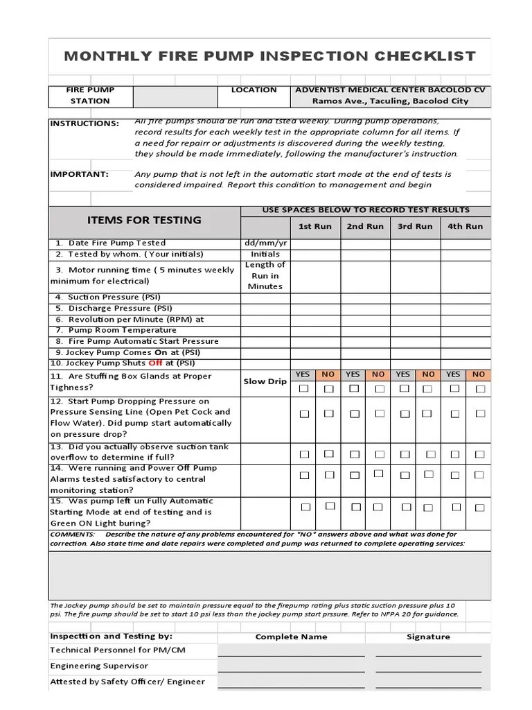 Monthly Fire Pump Testing Form PDF Pump Pressure