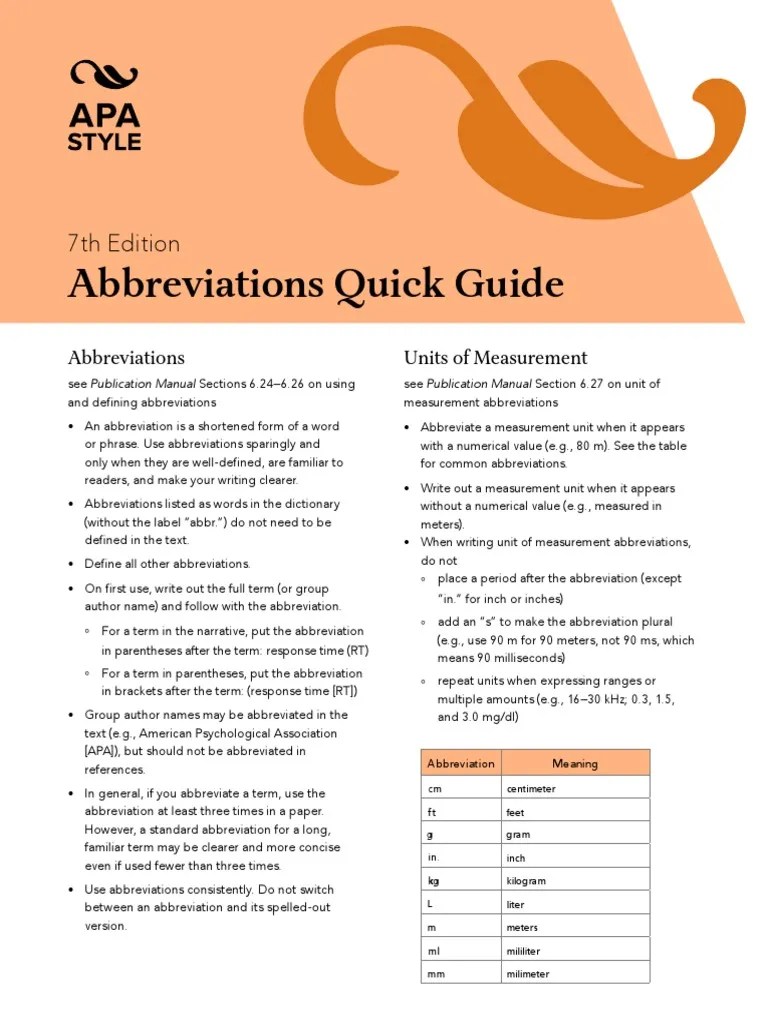 Abbreviations Quick Guide 7th Edition PDF Apa Style Bracket