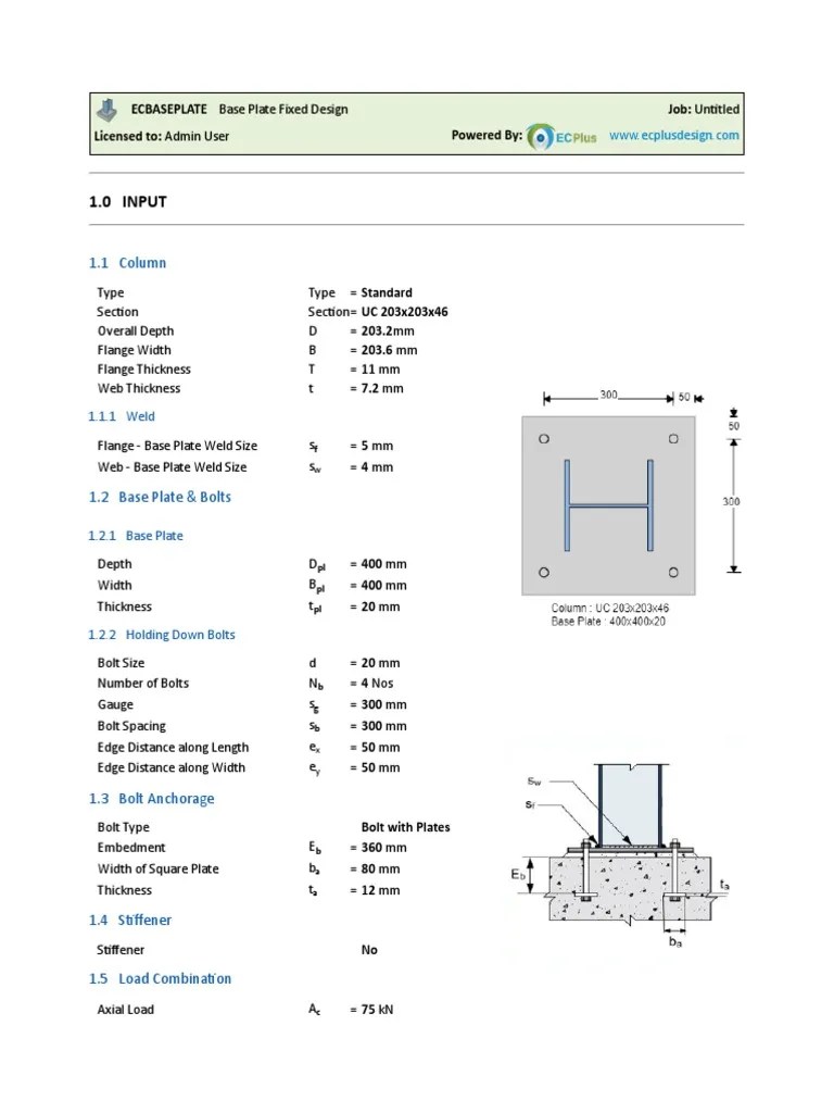Fixed Base Plate DesignECPLUS DesignExample PDF Screw Economic Sectors