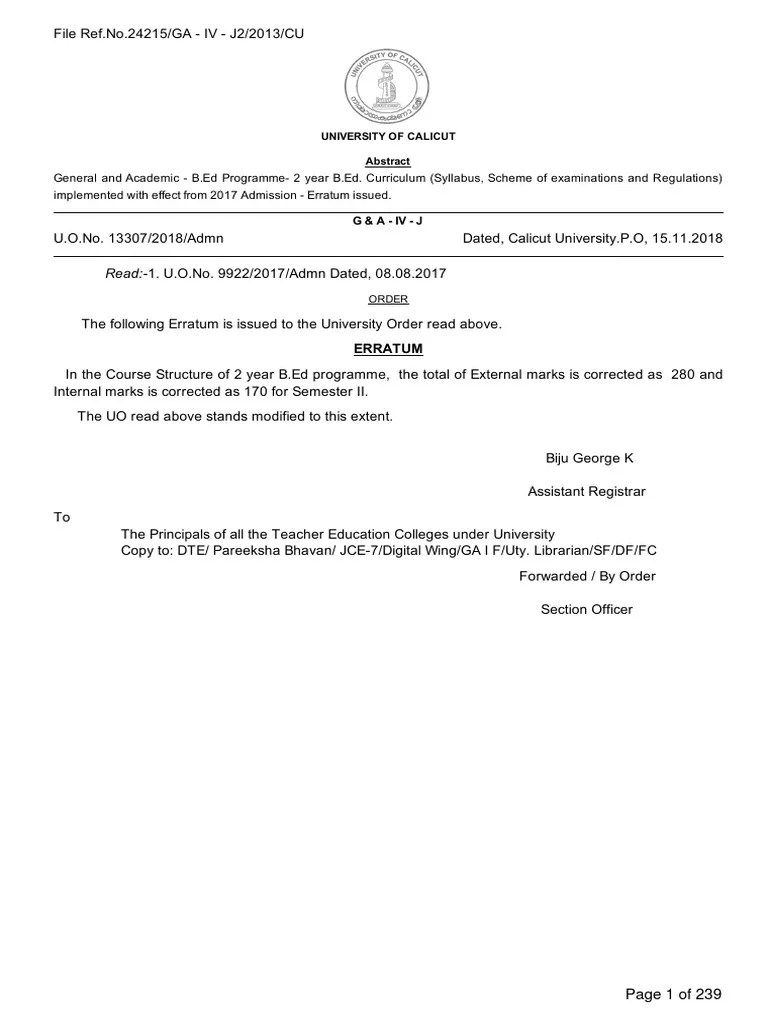 Calicut University B.Ed Syllabus PDF Academic Degree University