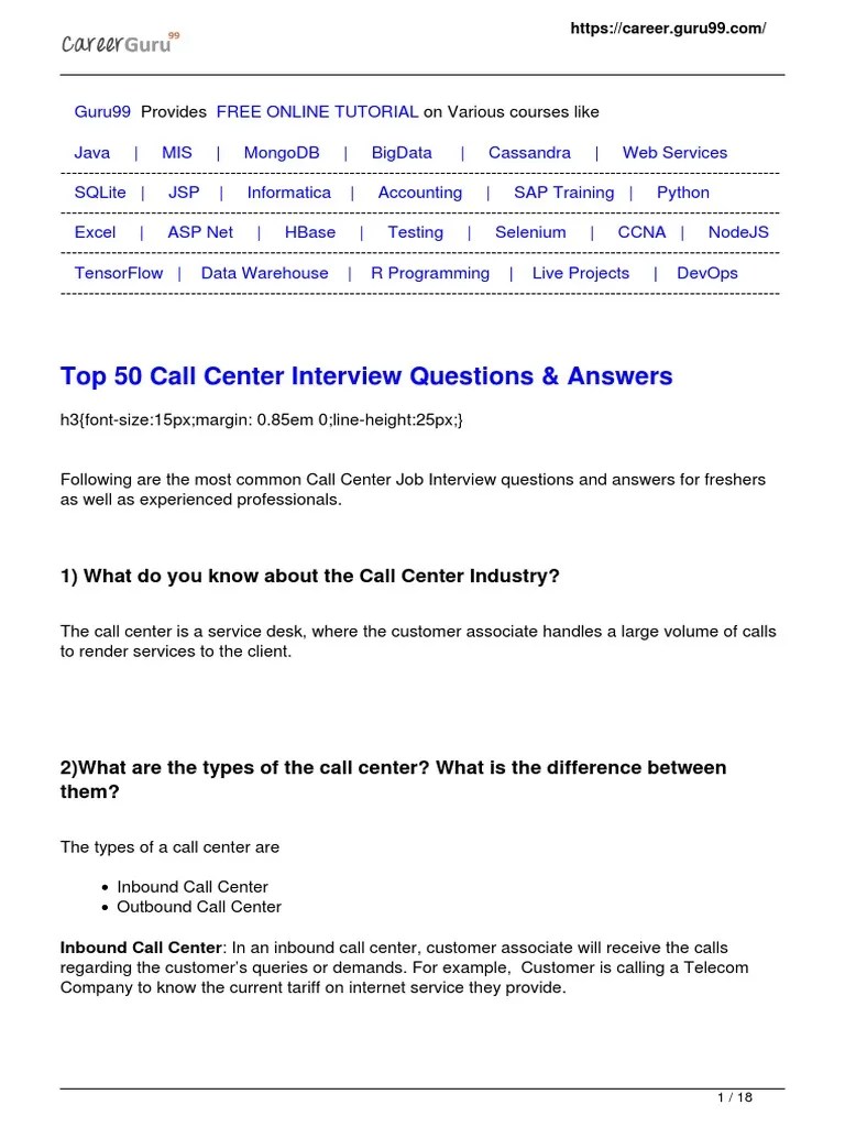 Top 25 Call Center Job Interview Questions PDF Customer