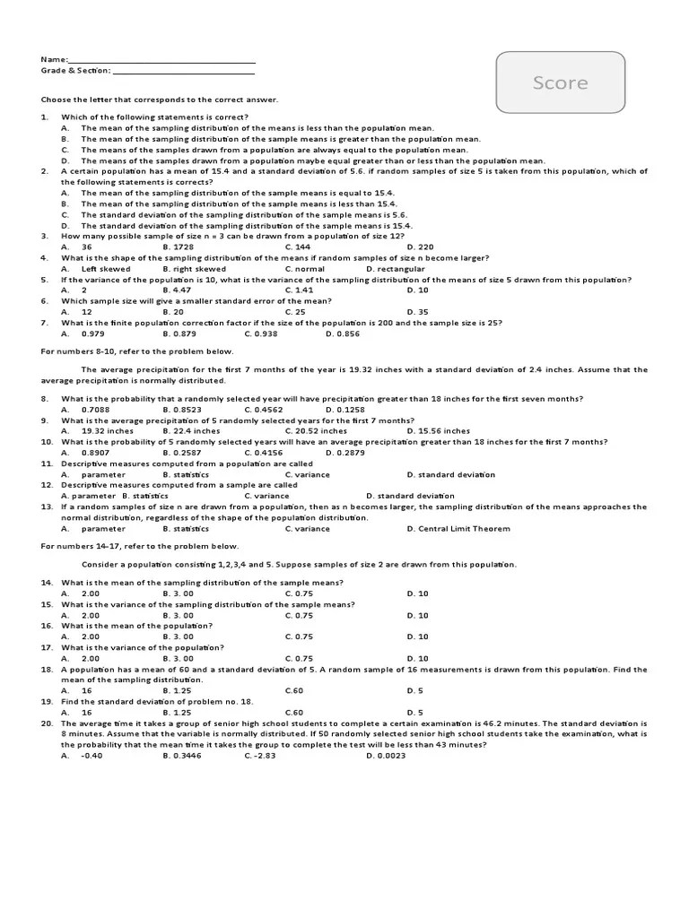 Summative TestG11StatisticsandProbability PDF Variance