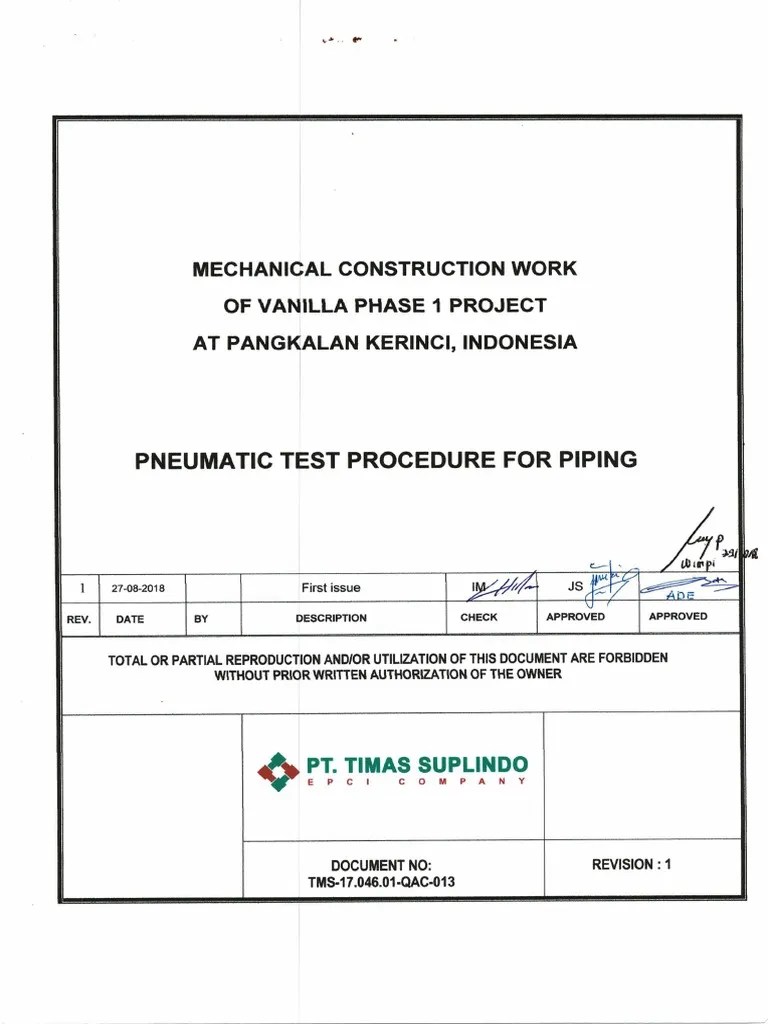 Pneumatic Test Procedure Piping PDF