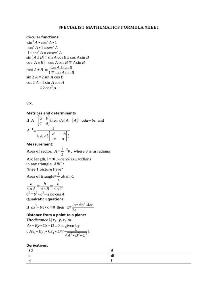 Specialist Mathematics Formula Sheet PDF