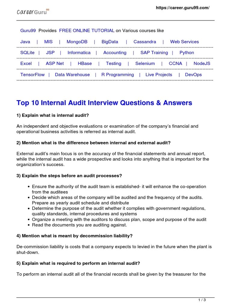 Top 10 Internal Audit Interview Questions & Answers PDF Audit