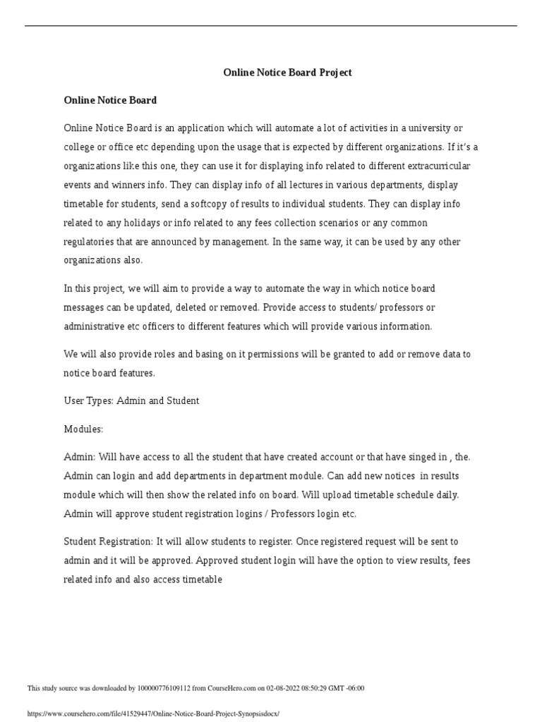 Online Notice Board Project Synopsis PDF Php Information Technology