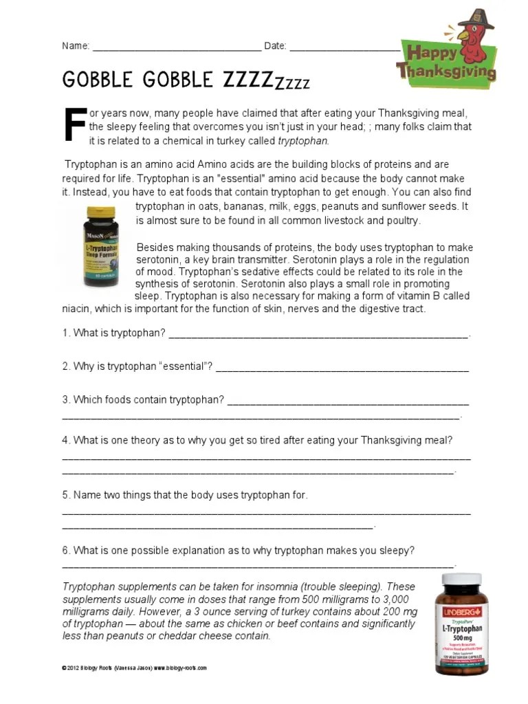 Gobble Gobble ZZZZ: Name: - Date | PDF | Tryptophan | Serotonin