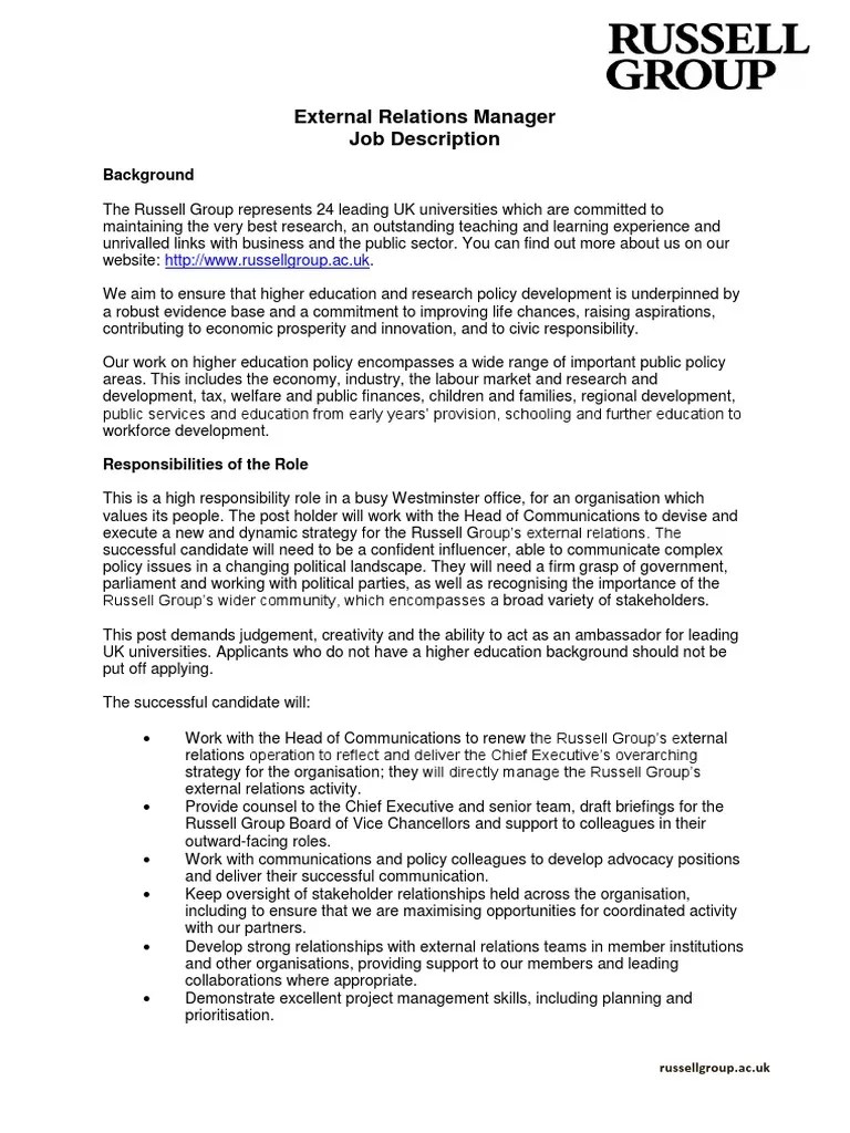 External Relations Manager Job Description Background PDF Higher