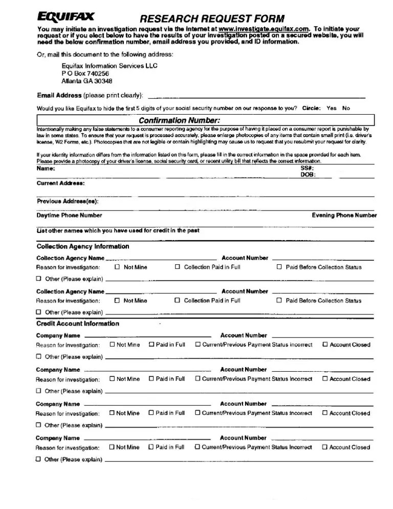 Equifax Research Request Form PDF