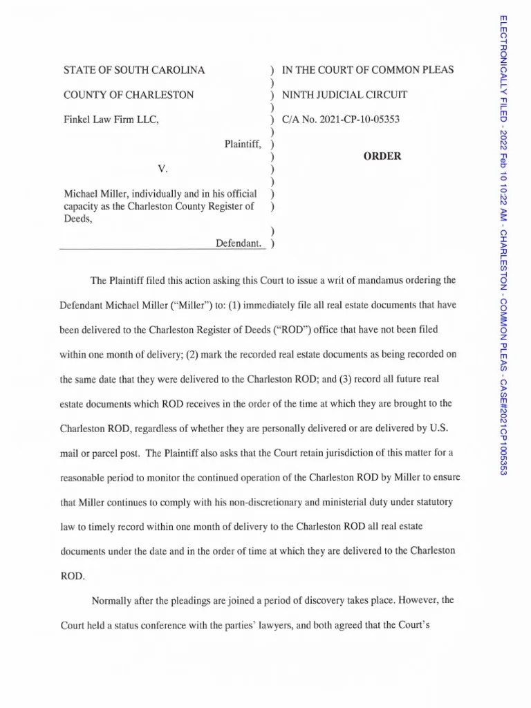 Charleston Register of Deeds Order PDF Mandamus Discovery (Law)