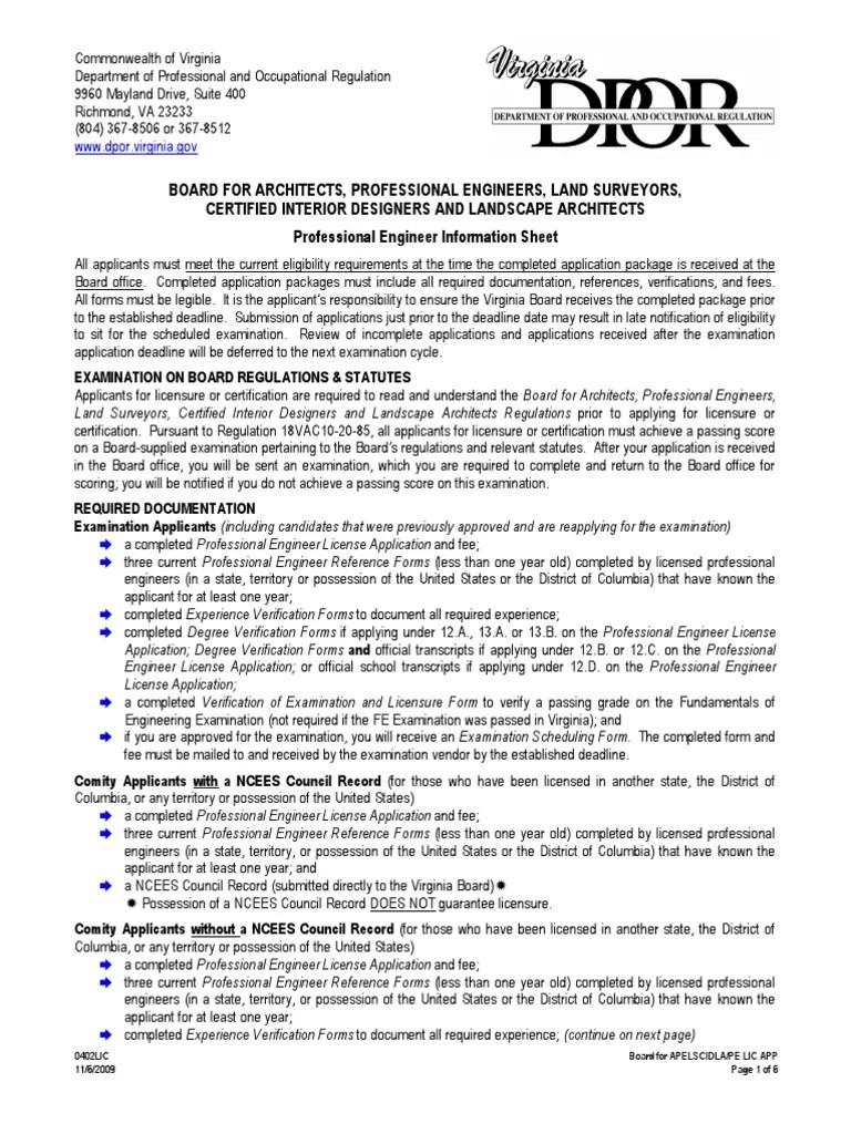 Professional Engineer License VA Criminal Record Academic Degree