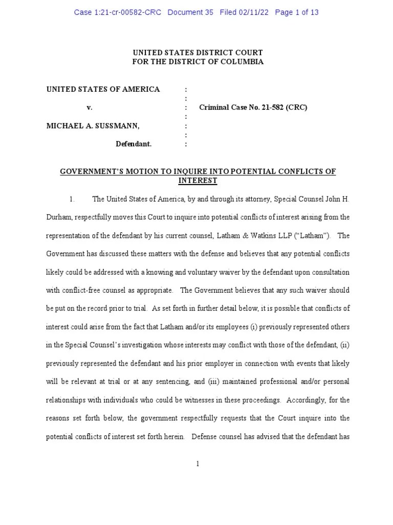 USA v. Sussmann Durham Filing Motion On Potential Conflicts of