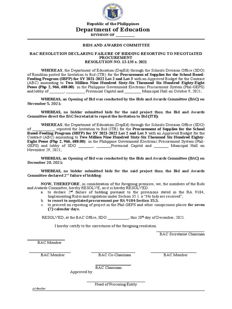 BAC Resolution Sample Declaring Failure of Bidding PDF Government