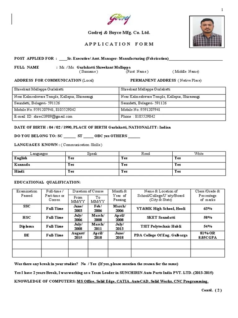 Godrej & Boyce Mfg. Co. Ltd. Application Form PDF Employee Benefits