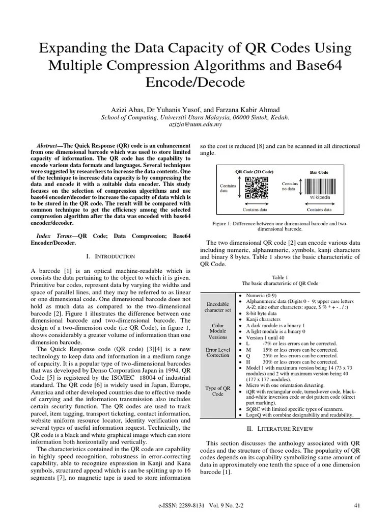 Expanding The Data Capacity of QR Codes Using Multiple Compression Algorithms and Base64 Encode
