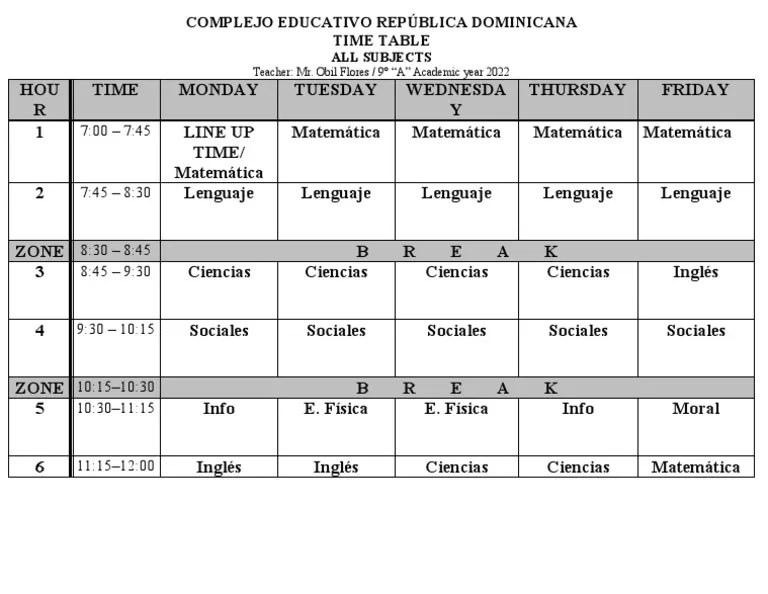 TIME TABLE 9th Grade PDF