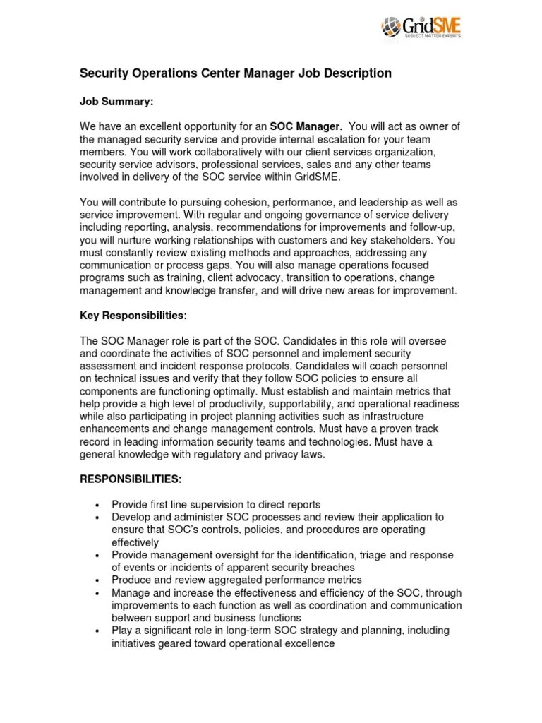 Leading a TopTier Security Operations Center Job Description for an
